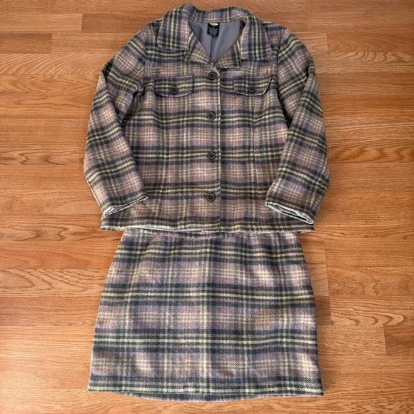 VINTAGE 90s OLD NAVY Lavender Purple Plaid Recycled Wool Jacket and Skirt - Picture 4 of 11